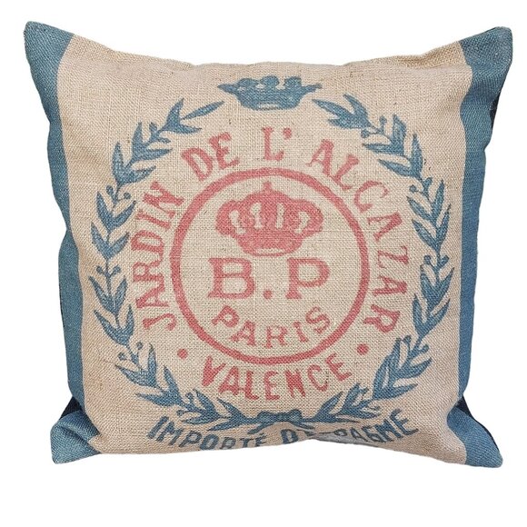 Vintage Burlap Feed Sack Pillow With BP Paris Crown & Laurel Jardin De LAlcazar - Picture 1 of 3